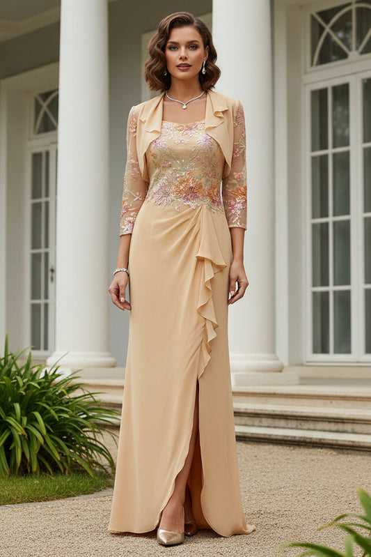 Embroidered Square Neck Dress with Sheer Jacket