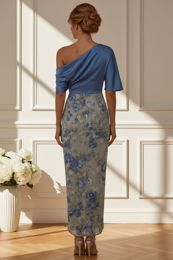 One-Shoulder Floral Print Mock Wrap Midi Dress