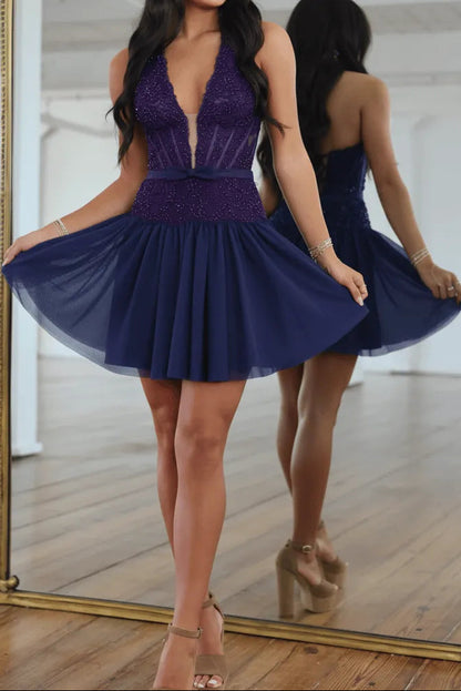 Beaded Halter Deep V-Neck Fit and Flare Mini Dress
