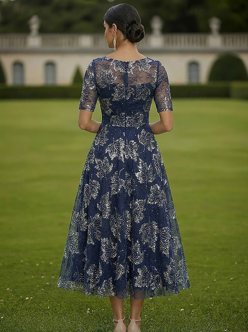 Sequin Leaf Illusion Tea-Length A-Line Dress