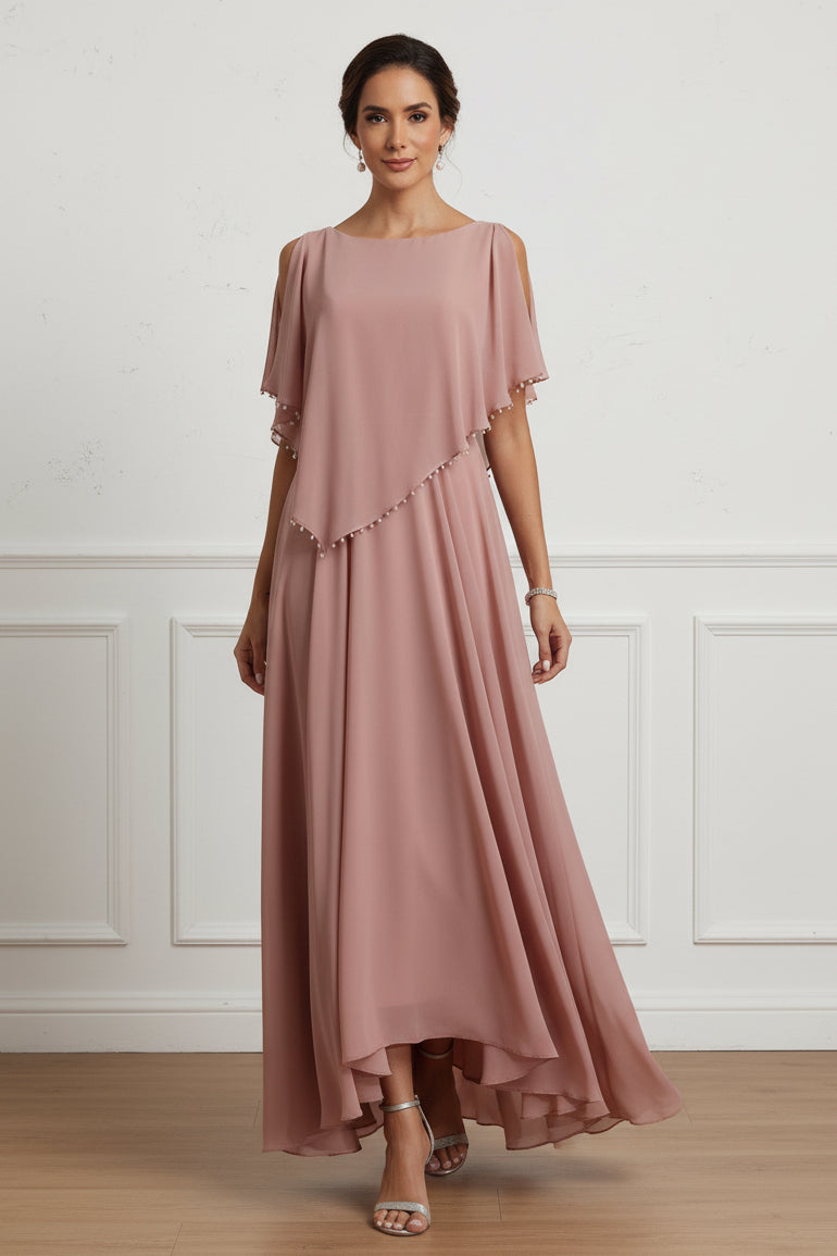 Asymmetrical Chiffon A-Line Dress with Pearl Cape