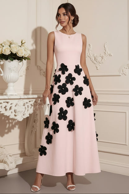 Sleeveless A-Line Maxi Dress with 3D Floral Appliques