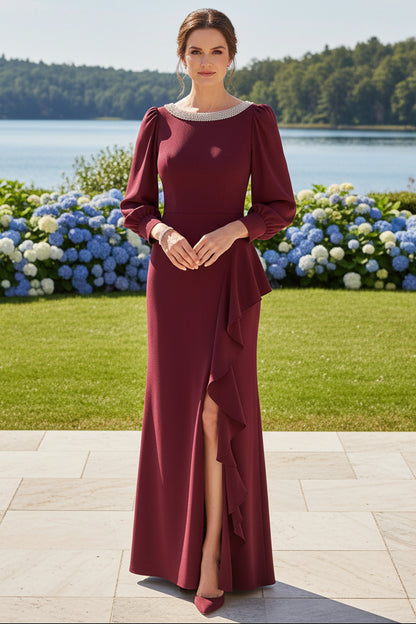 Long Sleeve Ruffle Front Slit Evening Gown