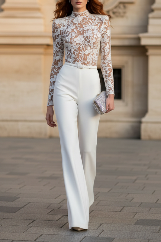 Sheer Lace Bodysuit High-Waist Wide-Leg Formal Jumpsuit in Ivory White