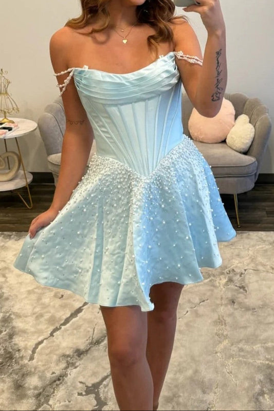 Off-the-Shoulder Corset Pearl Mini Dress
