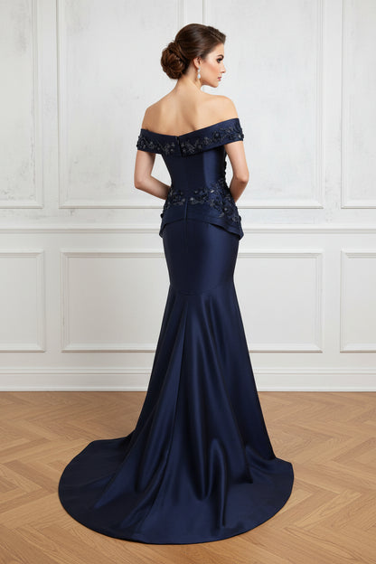 Off-the-Shoulder Mermaid Gown with Floral Appliques