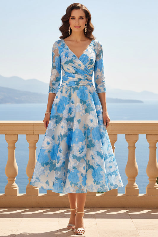 Elegant Floral A-Line Midi Dress with 3/4 Sleeves