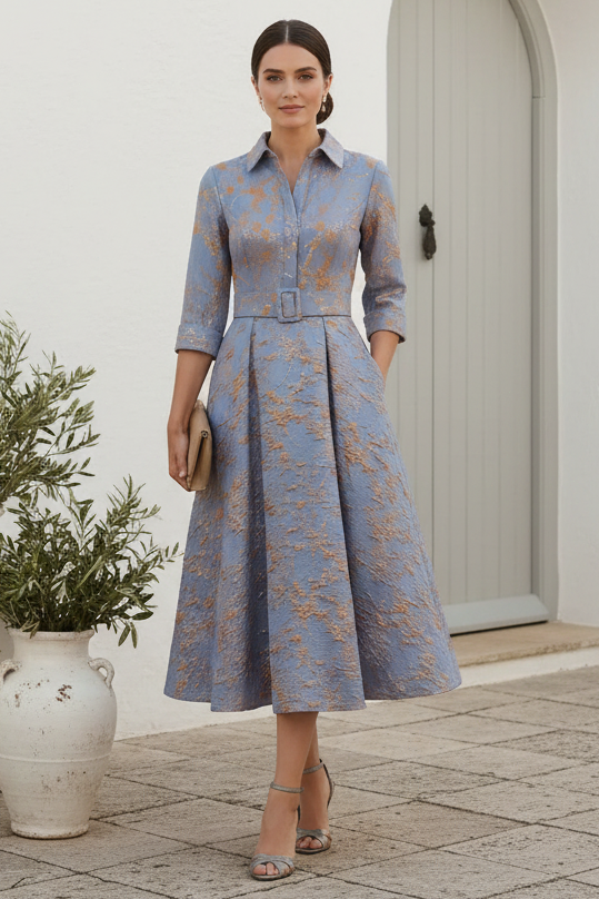 Elegant Jacquard A-Line Midi Dress with Pockets