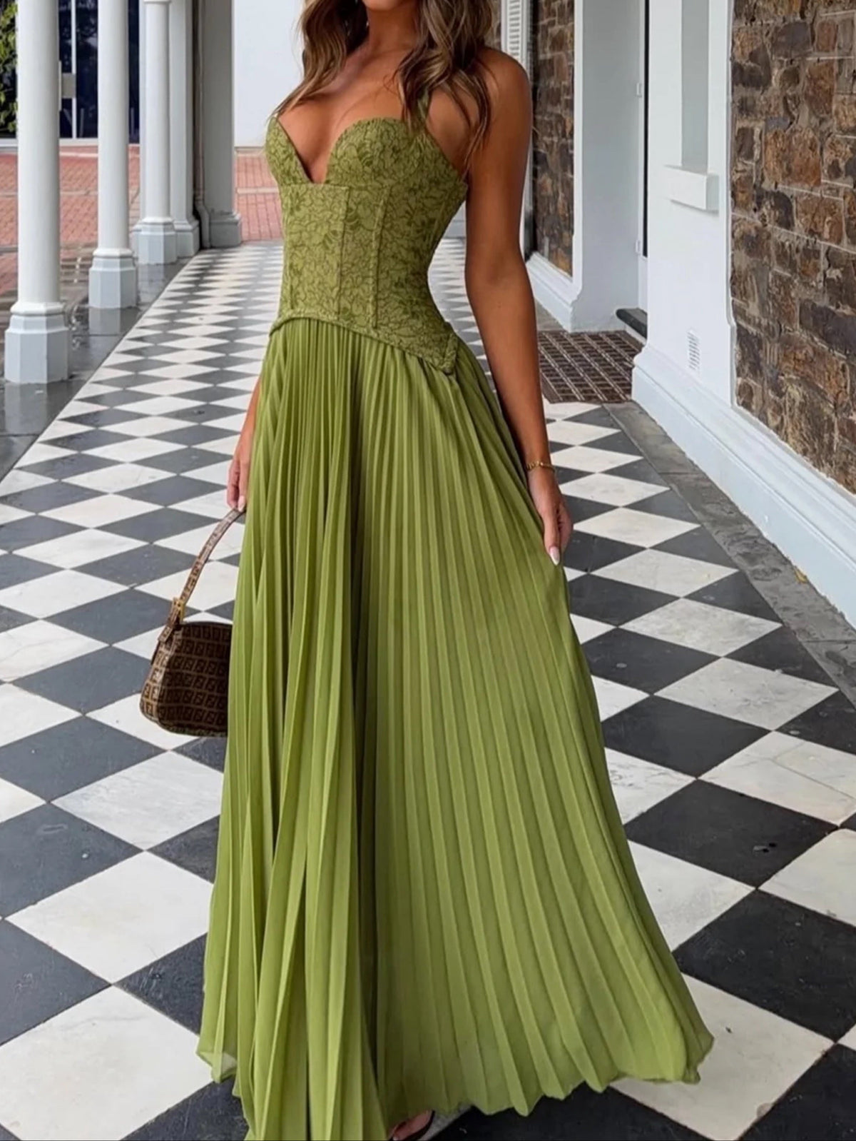 Lace Corset Pleated Maxi Dress