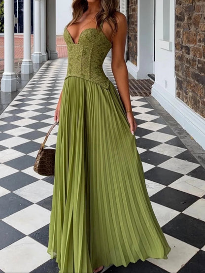 Lace Corset Pleated Maxi Dress