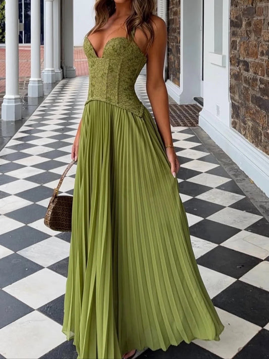 Lace Corset Pleated Maxi Dress