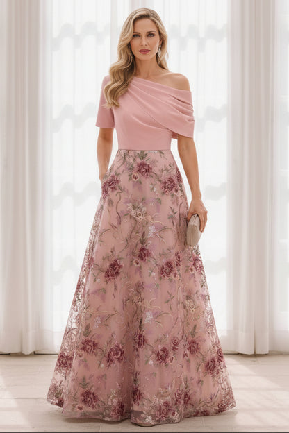 Asymmetric Embroidered A-Line Gown with Pockets