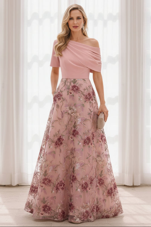 Asymmetric Embroidered A-Line Gown with Pockets
