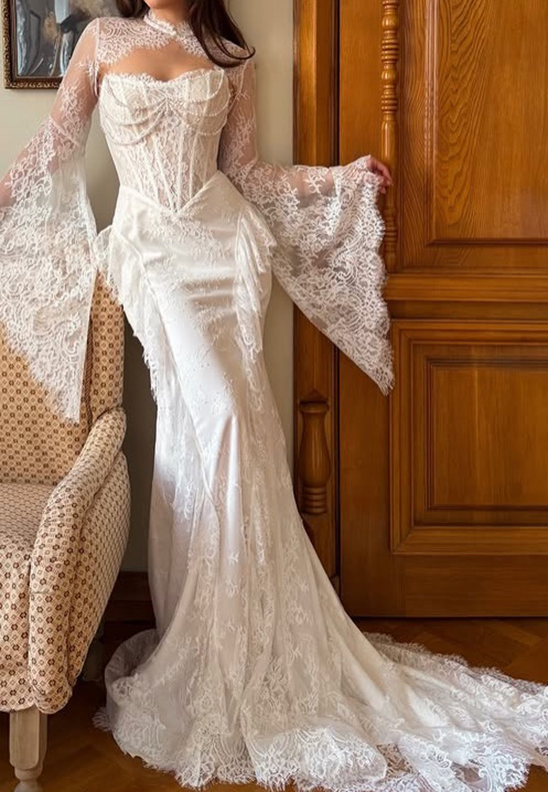 High Neck Lace Mermaid Wedding Dress with Bell Sleeves