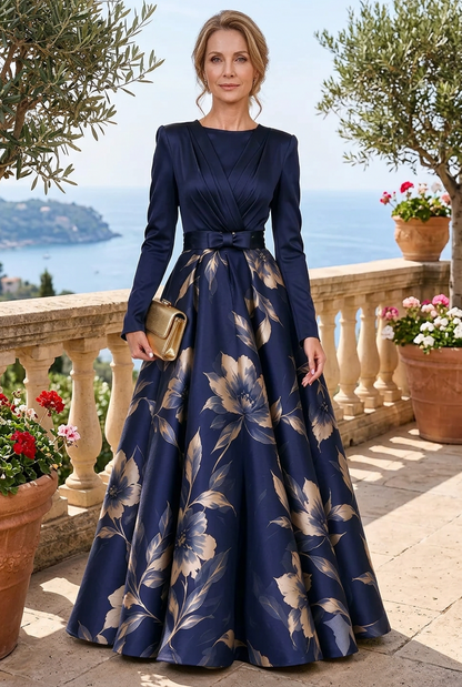 Pleated Bodice Floral Print A-Line Gown