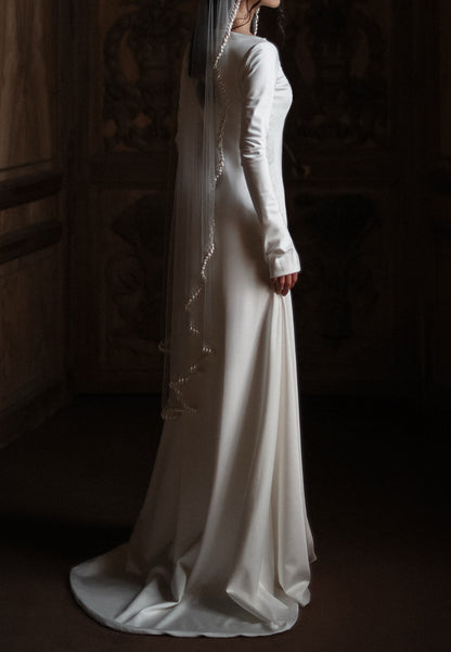 Bateau Long Sleeve Satin Wedding Dress with Train