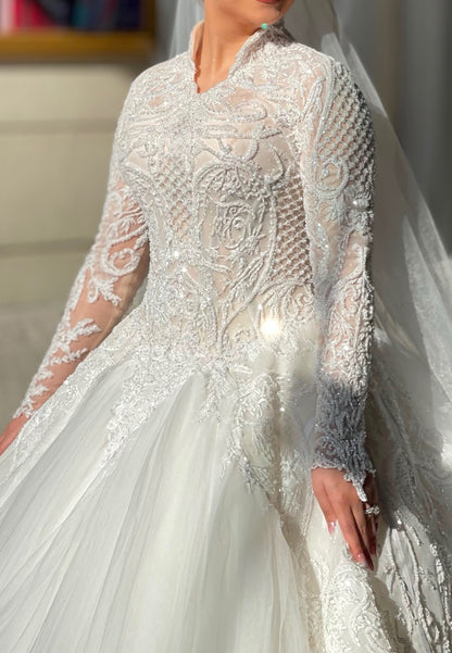 Embroidered Ball Gown Wedding Dress with Long Sleeves