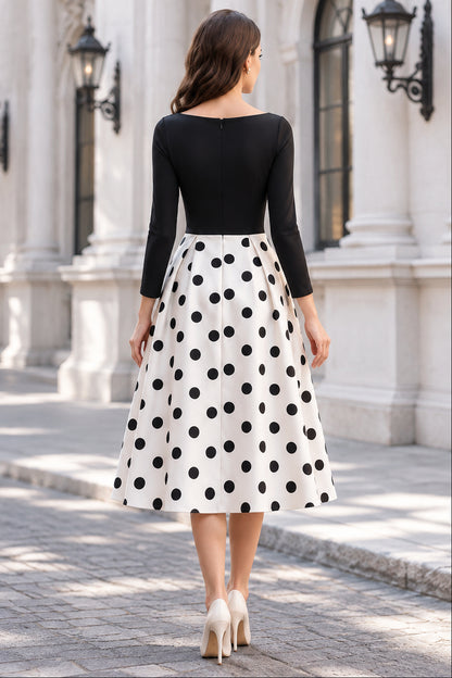 Bateau Neck Long Sleeve Polka Dot A-Line Midi Dress