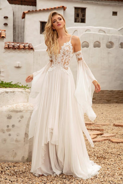 Lace Applique A-Line Dress with Dramatic Bell Sleeves