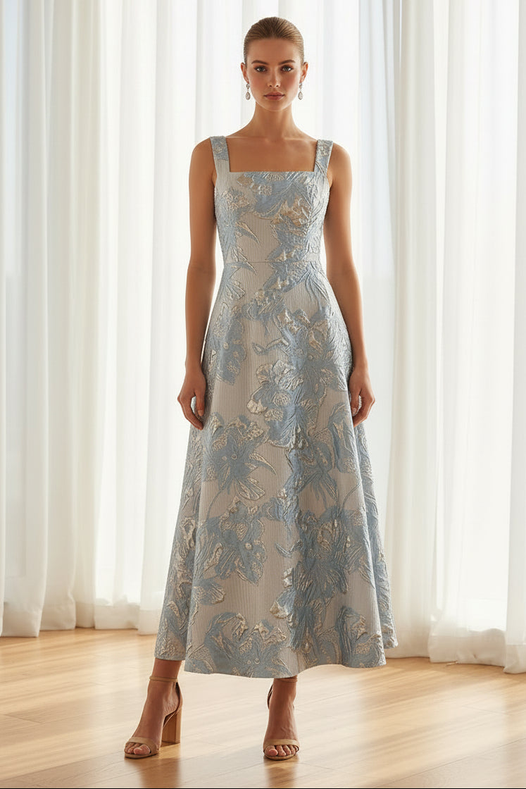 Square Neck Metallic Jacquard A-Line Midi Dress