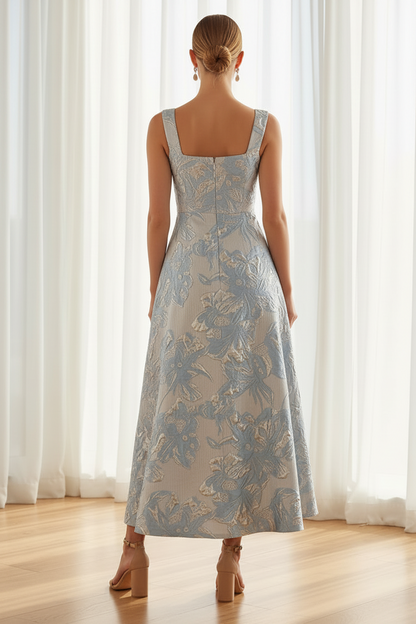 Square Neck Metallic Jacquard A-Line Midi Dress