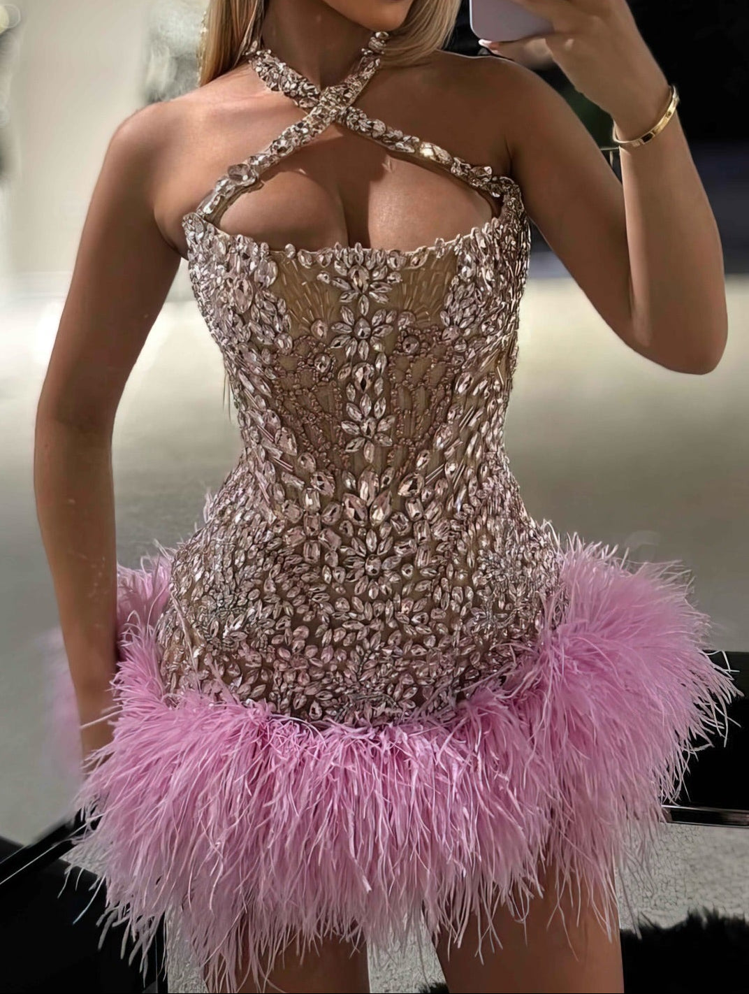 Halter Crystal Embellished Corset Mini Dress with Feathers