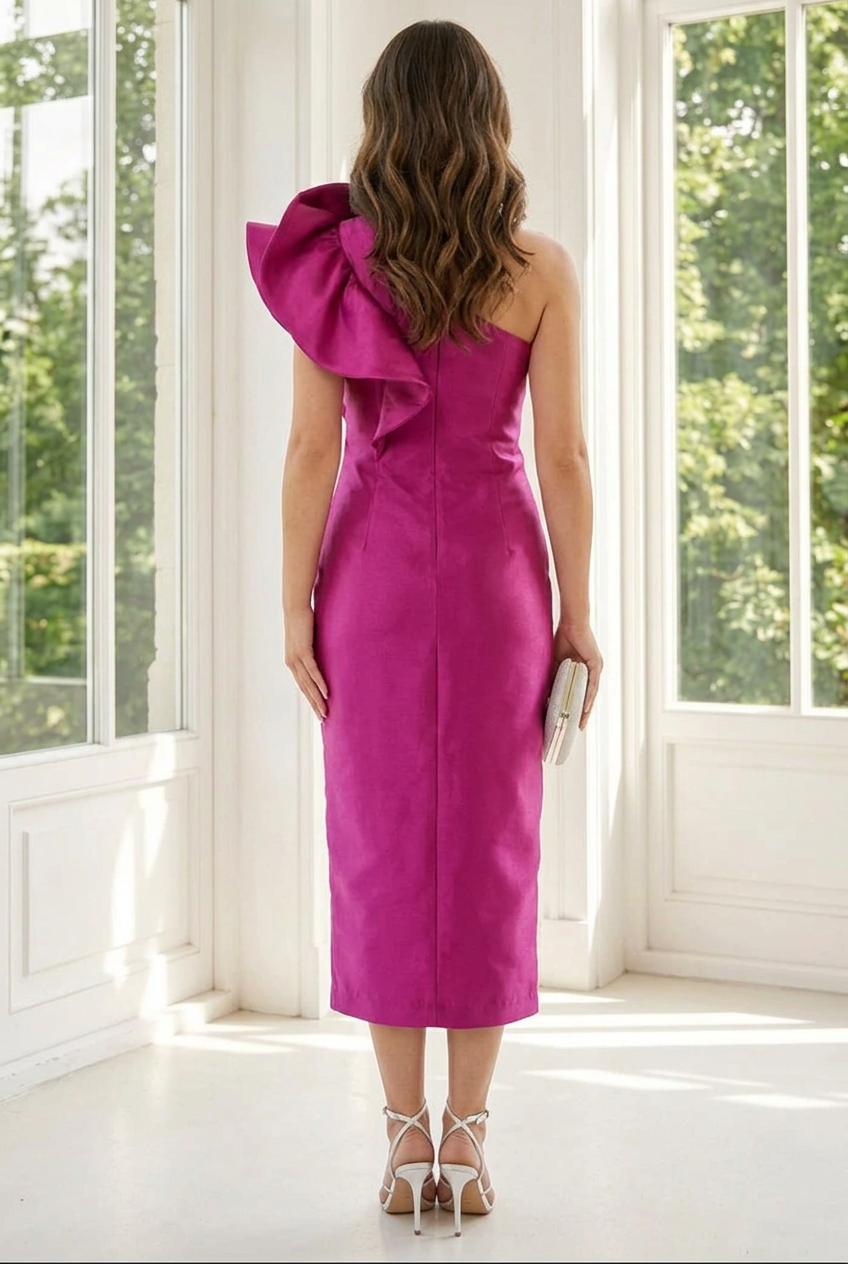 One-Shoulder Ruffle Midi Dress with Slit