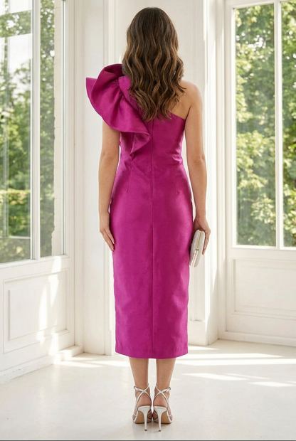 One-Shoulder Ruffle Midi Dress with Slit