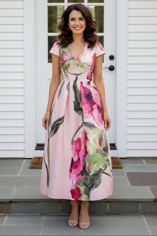 Elegant Floral V-Neck A-Line Midi Dress