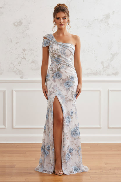 One-Shoulder Floral Embroidered Gown
