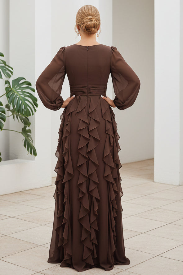 Long Sleeve Tiered Ruffle Maxi Dress with Ruched Waist