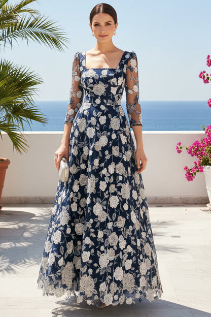 Floral Embroidered Square Neck A-Line Evening Gown
