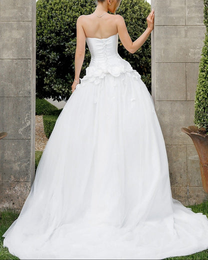 Strapless Corset Ball Gown Wedding Dress with 3D Flowers