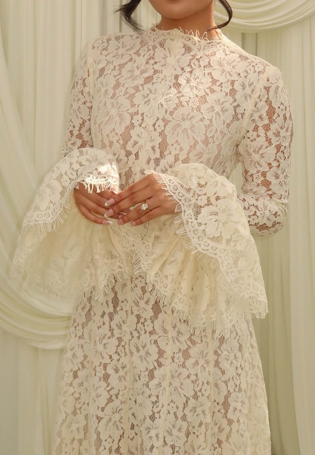 Lace High Neck Bell Sleeve Wedding Dress