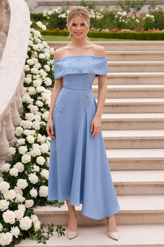 Off-the-Shoulder Pearl Asymmetrical Midi Dress