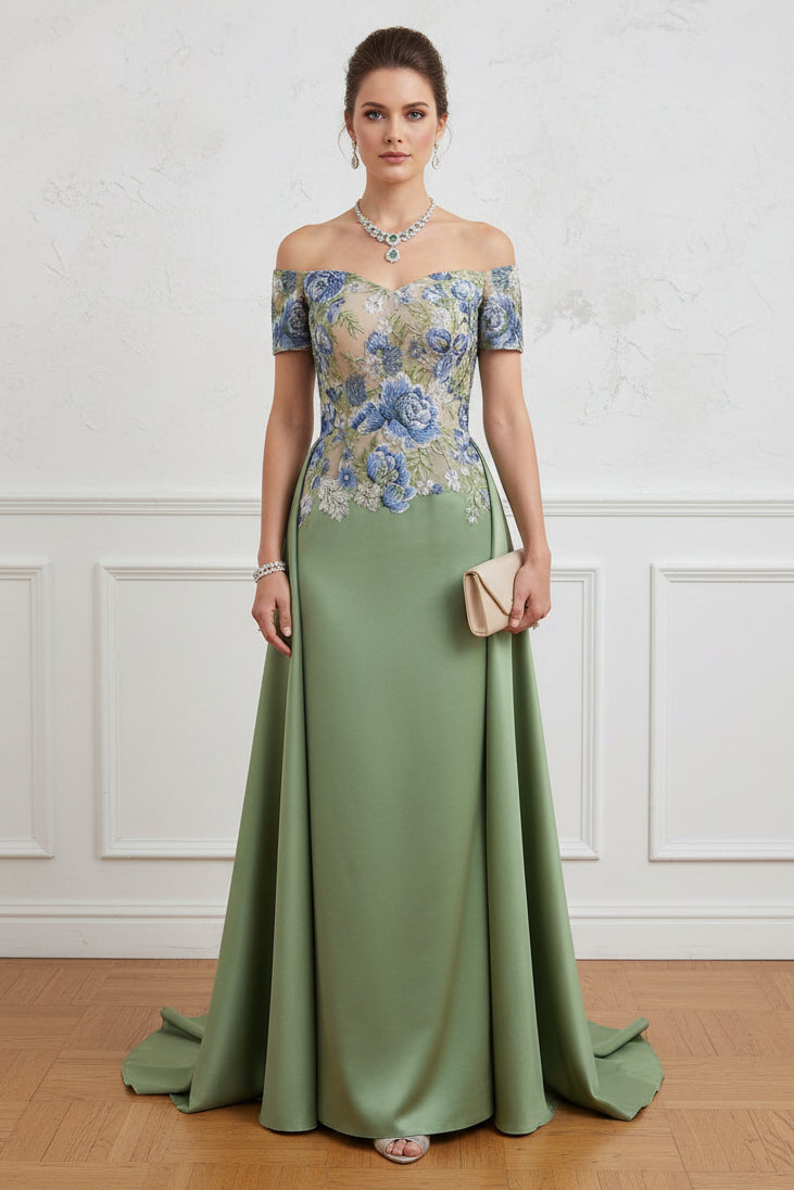 Floral Applique Off-Shoulder Satin Evening Gown