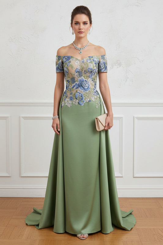 Floral Applique Off-Shoulder Satin Evening Gown