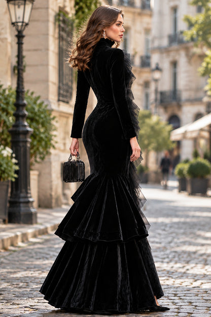 Velvet Ruffle Front Mermaid Gown with Slit