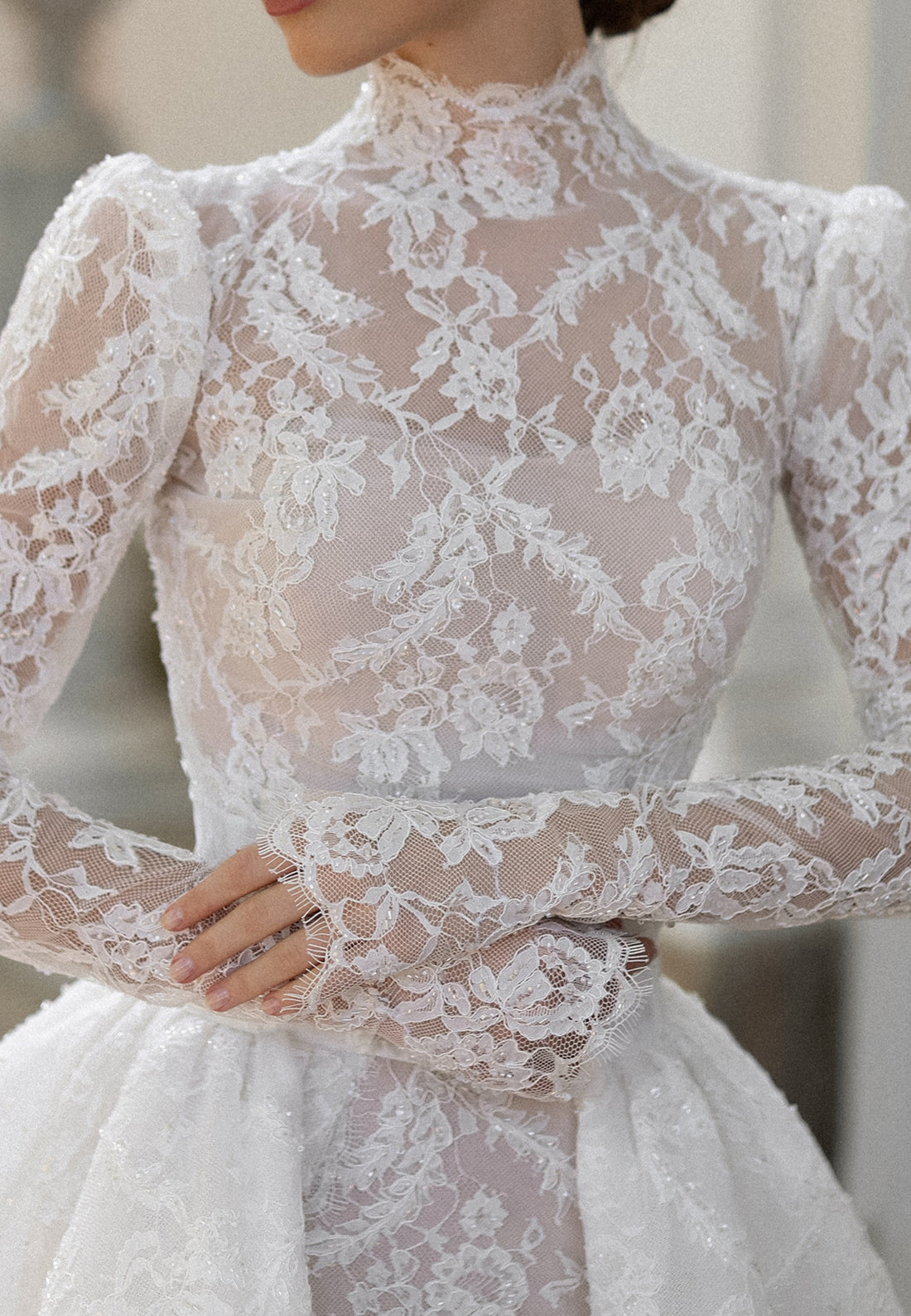 High-Neck Lace Long-Sleeve Wedding Dress