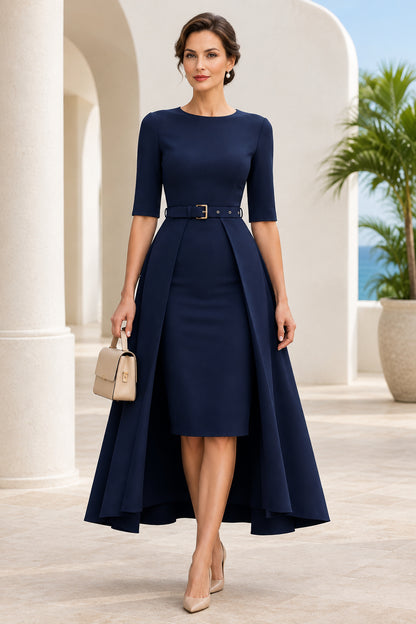 Belted High-Low Midi Dress with Attached Overskirt