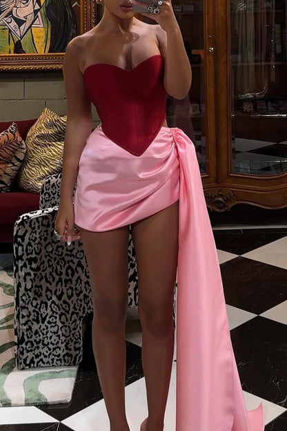 Two Piece Corset Top Satin Mini Skirt Set with Train