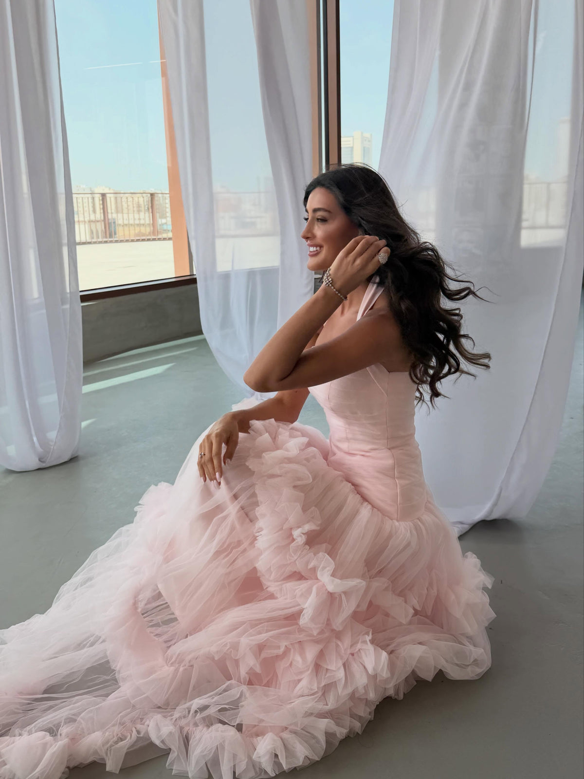 Ruched Halter Tiered Ruffle Tulle Gown