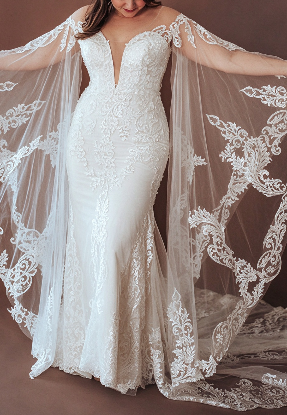 Lace Mermaid Wedding Dress with Long Cape Sleeves