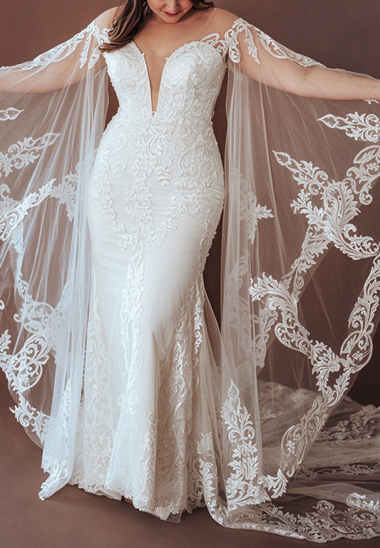 Lace Mermaid Wedding Dress with Long Cape Sleeves