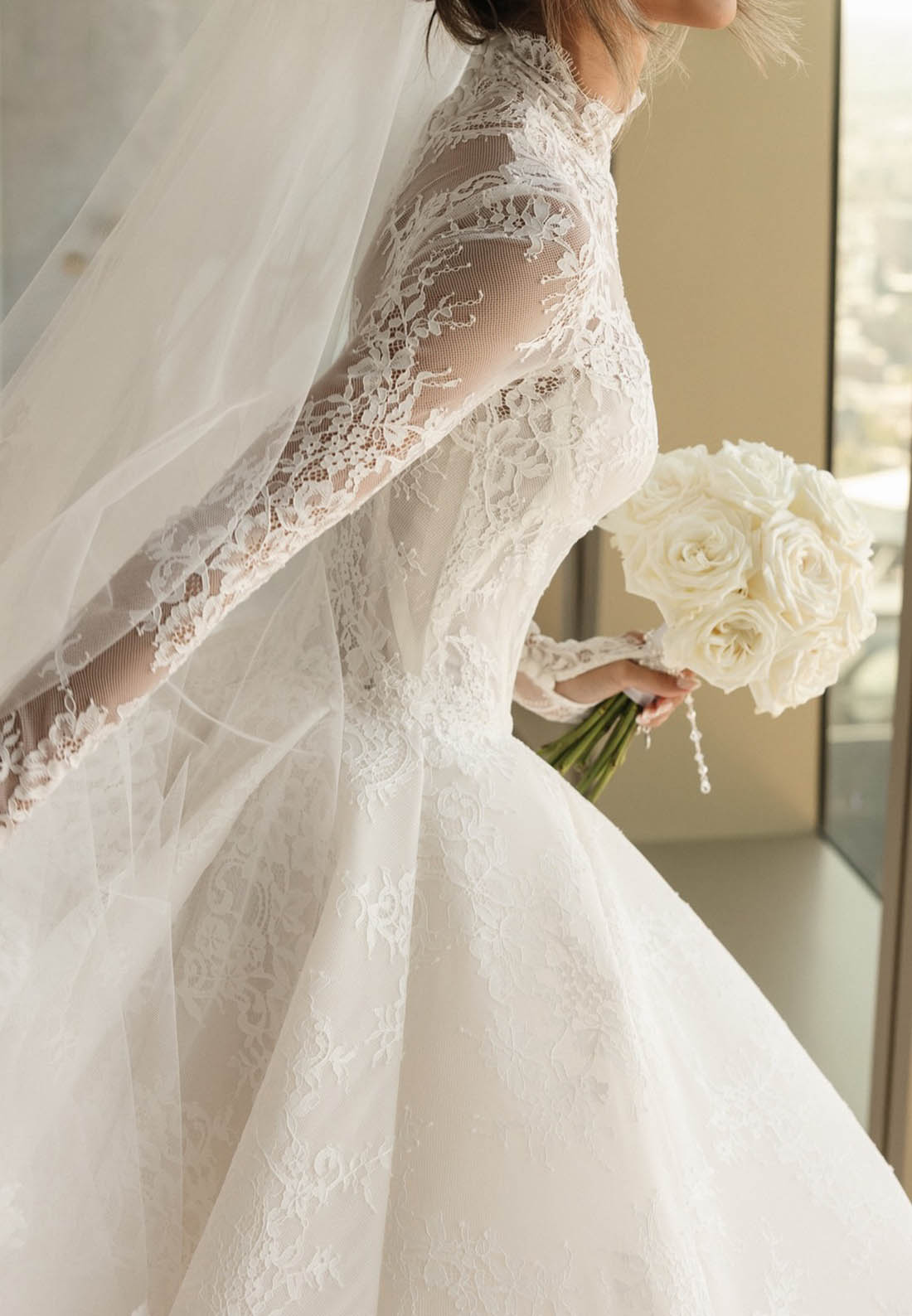 High-Neck Lace Ball Gown Wedding Dress with Long Sleeves