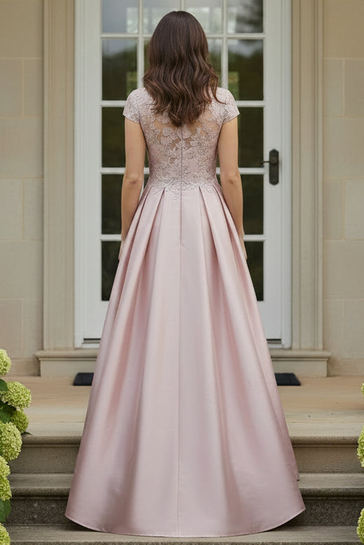 Cap Sleeve Lace and Satin Pleated Evening Gown