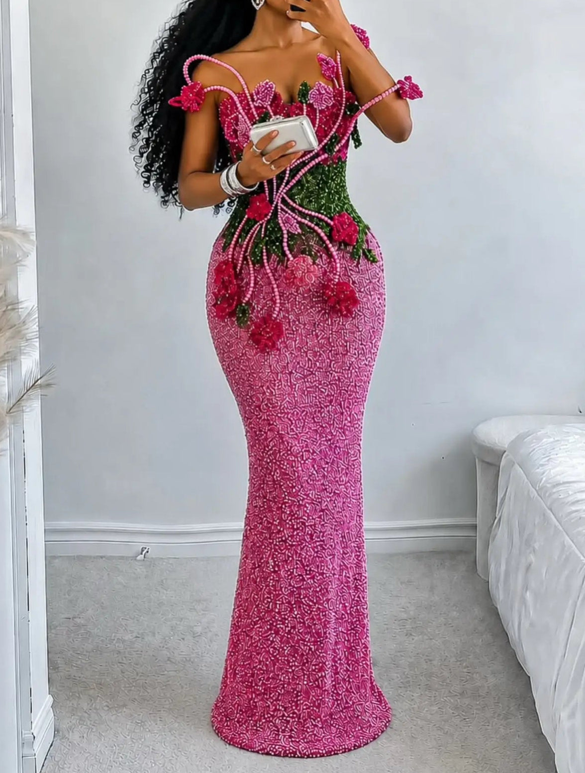 Beaded Floral Column Gown with 3D Accents