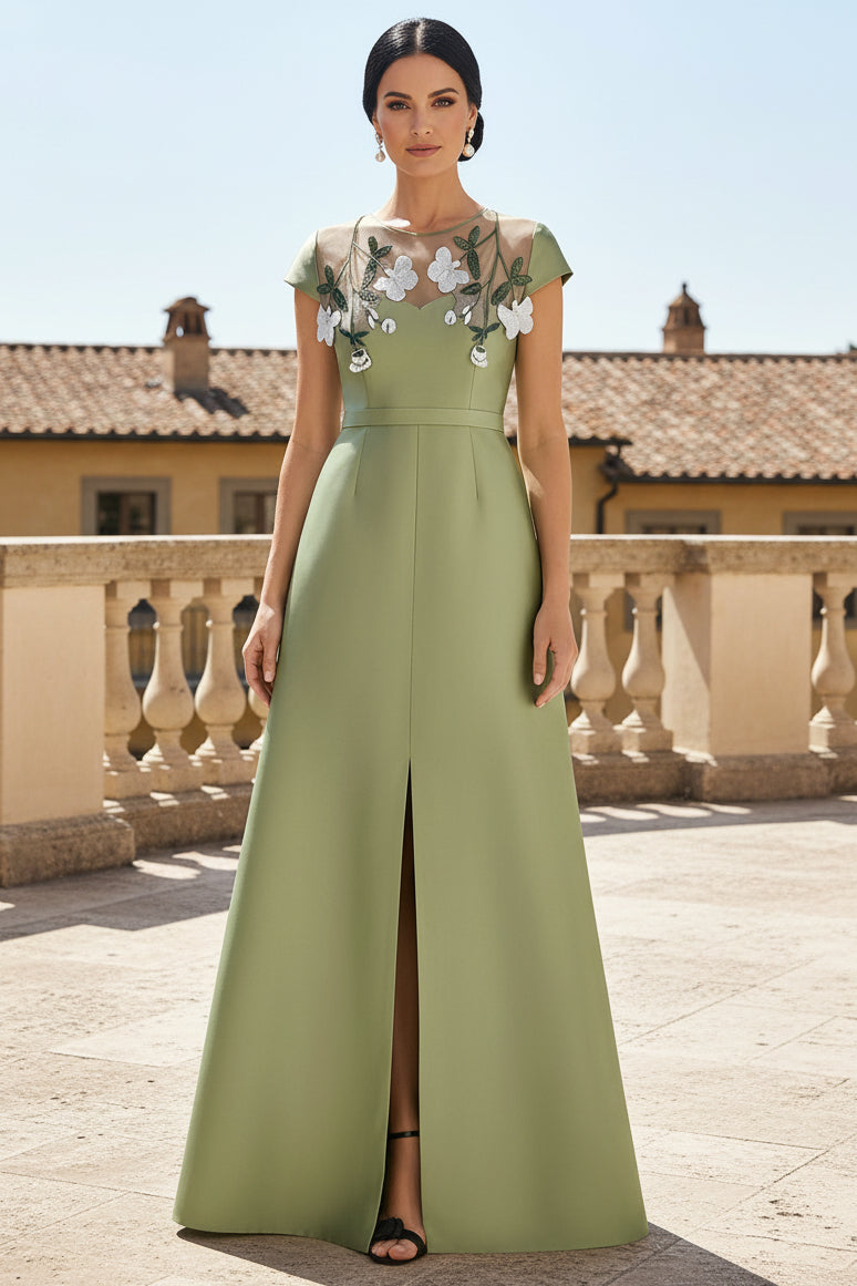 Floral Applique Illusion Neckline A-Line Evening Gown