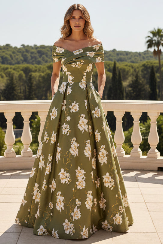 Off-the-Shoulder Floral A-Line Gown with Pockets