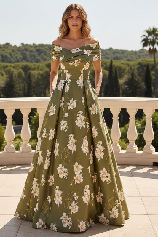 Off-the-Shoulder Floral A-Line Gown with Pockets